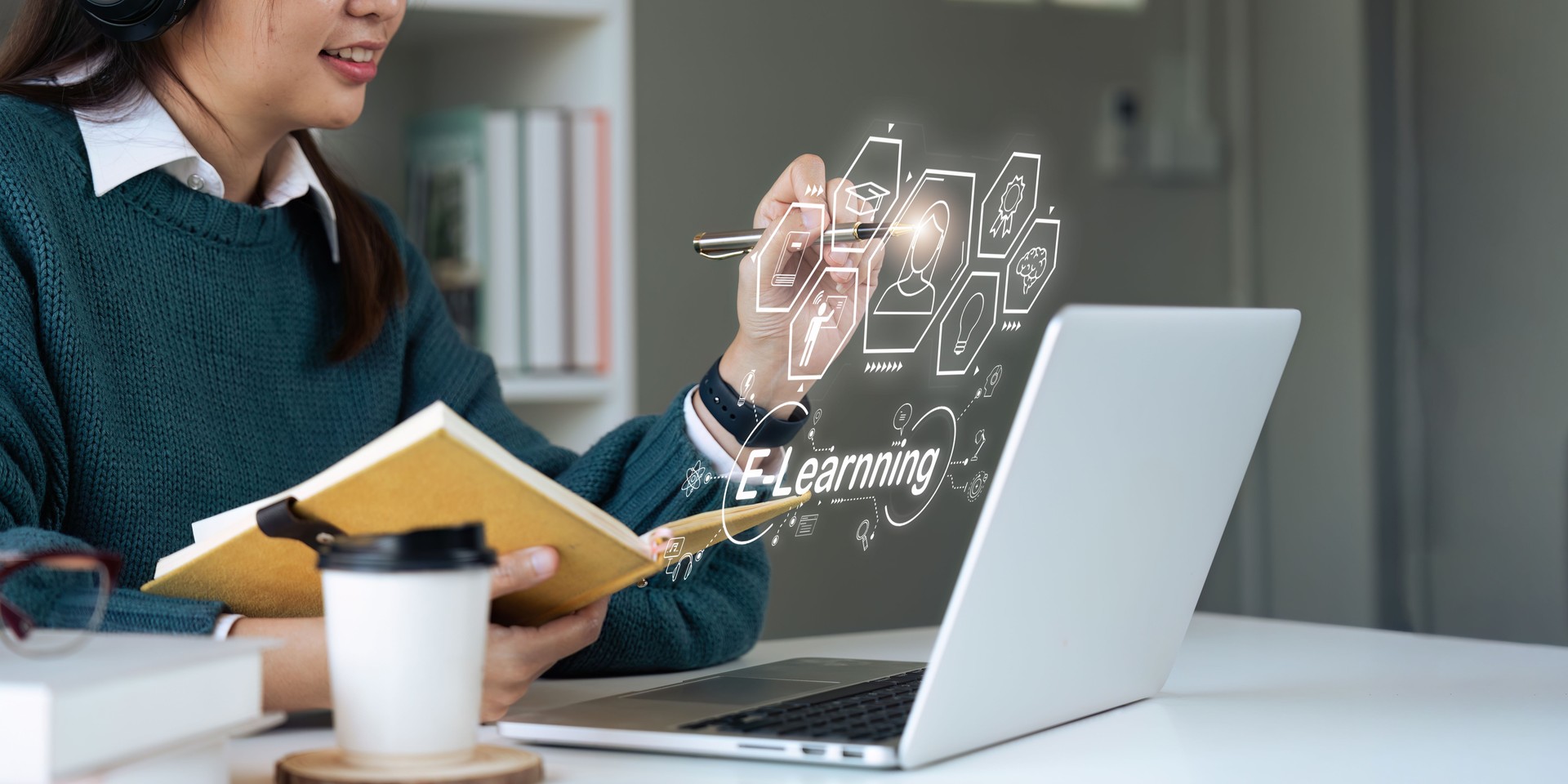 young man using laptop for learning course online, searching information